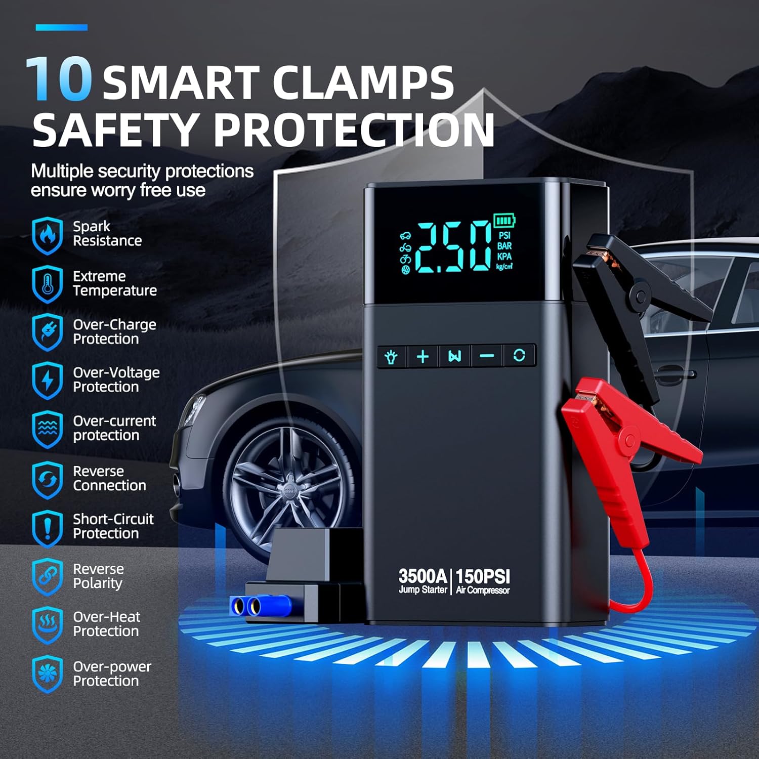 3500A Car Battery Jump Starter & Air Compressor – 150PSI, LCD & LED - Image 2