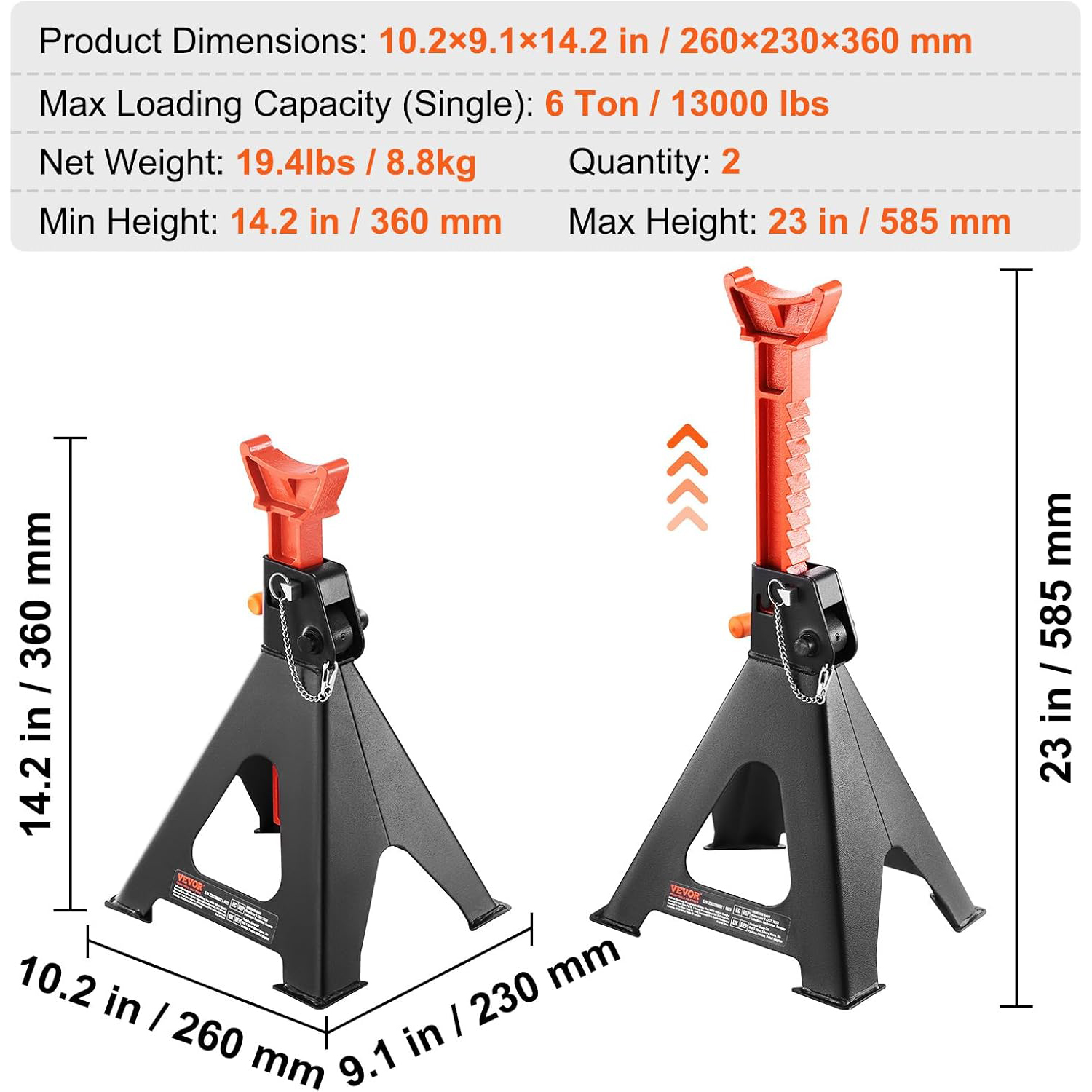 VEVOR 6-Ton Jack Stands, Heavy-Duty Double Locking, Adjustable 14.2"-23", Red - Image 2