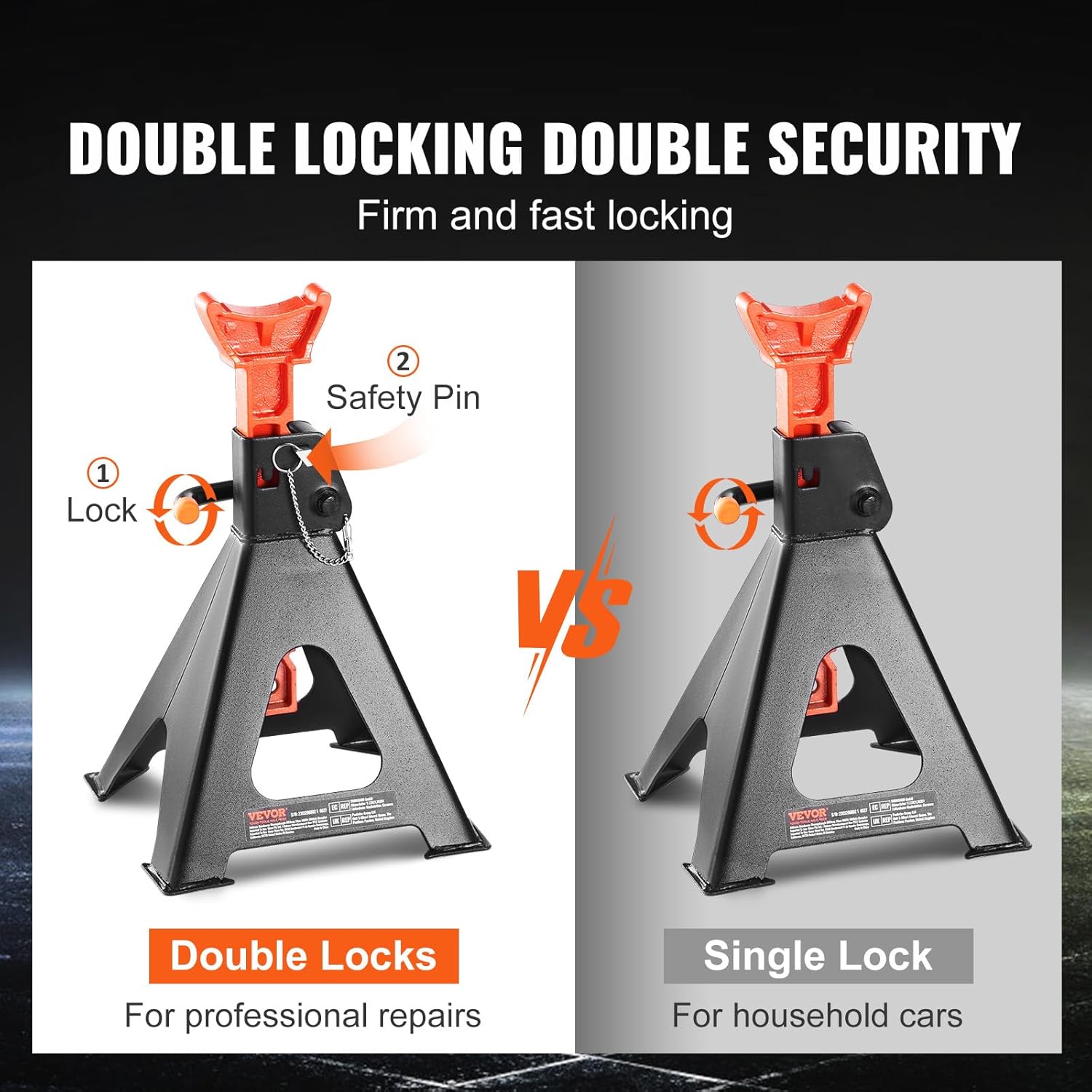 VEVOR 6-Ton Jack Stands, Heavy-Duty Double Locking, Adjustable 14.2"-23", Red - Image 3