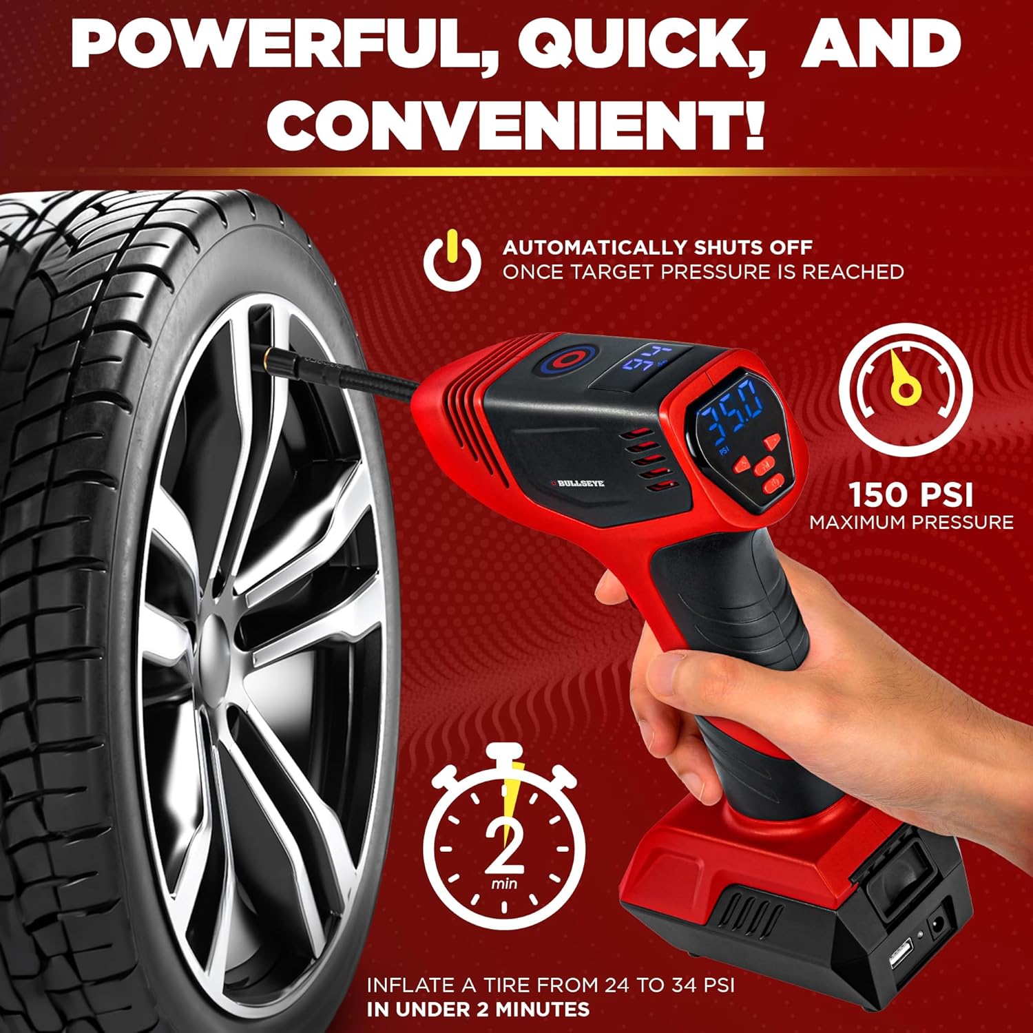 BULLSEYE PRO Portable Tire Inflator, 150 PSI, Auto Shut-Off, USB Rechargeable - Image 3