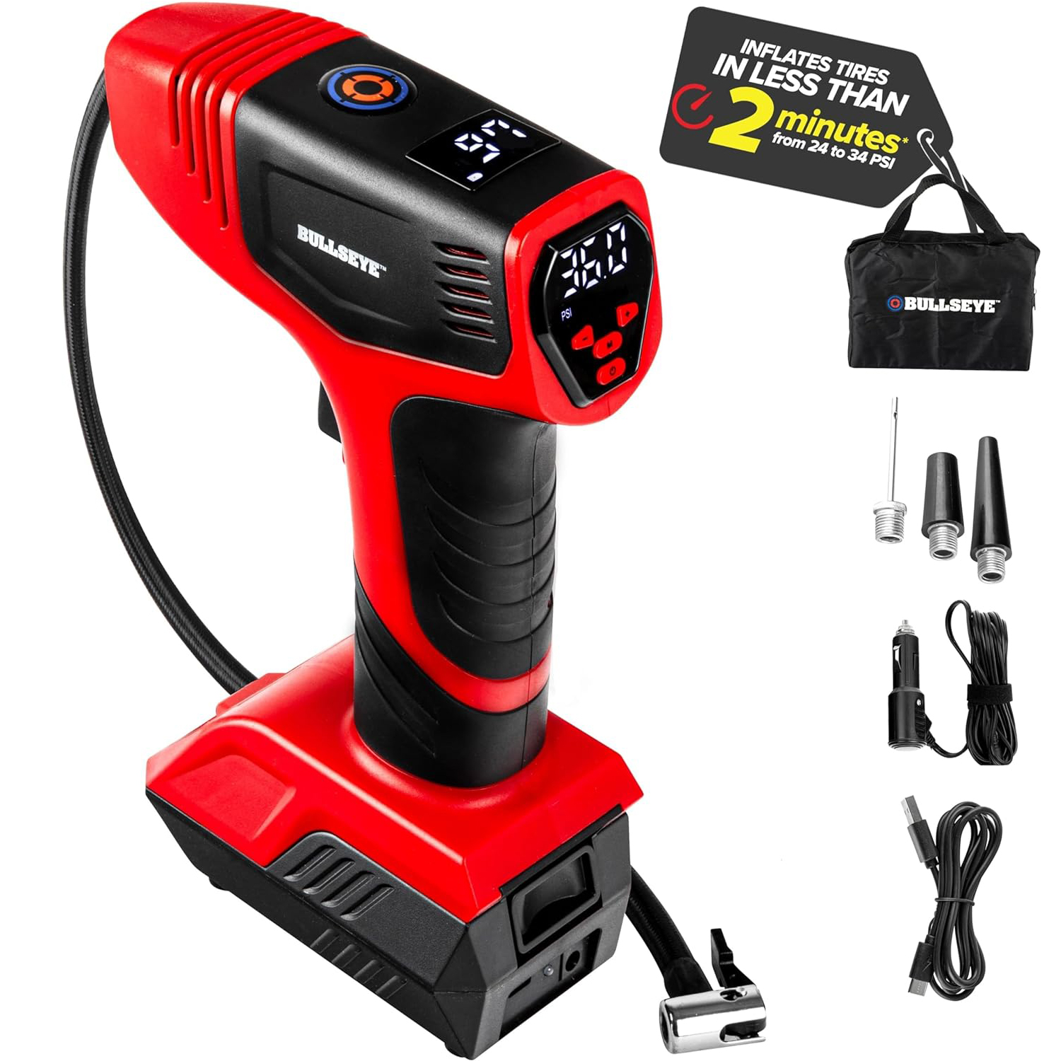 BULLSEYE PRO Portable Tire Inflator, 150 PSI, Auto Shut-Off, USB Rechargeable