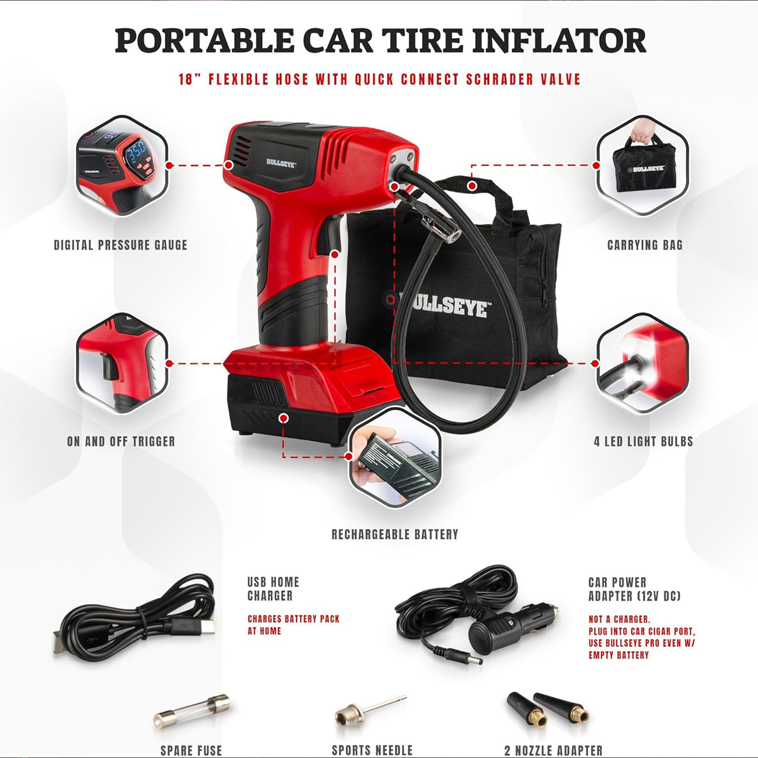 BULLSEYE PRO Portable Tire Inflator, 150 PSI, Auto Shut-Off, USB Rechargeable - Image 4