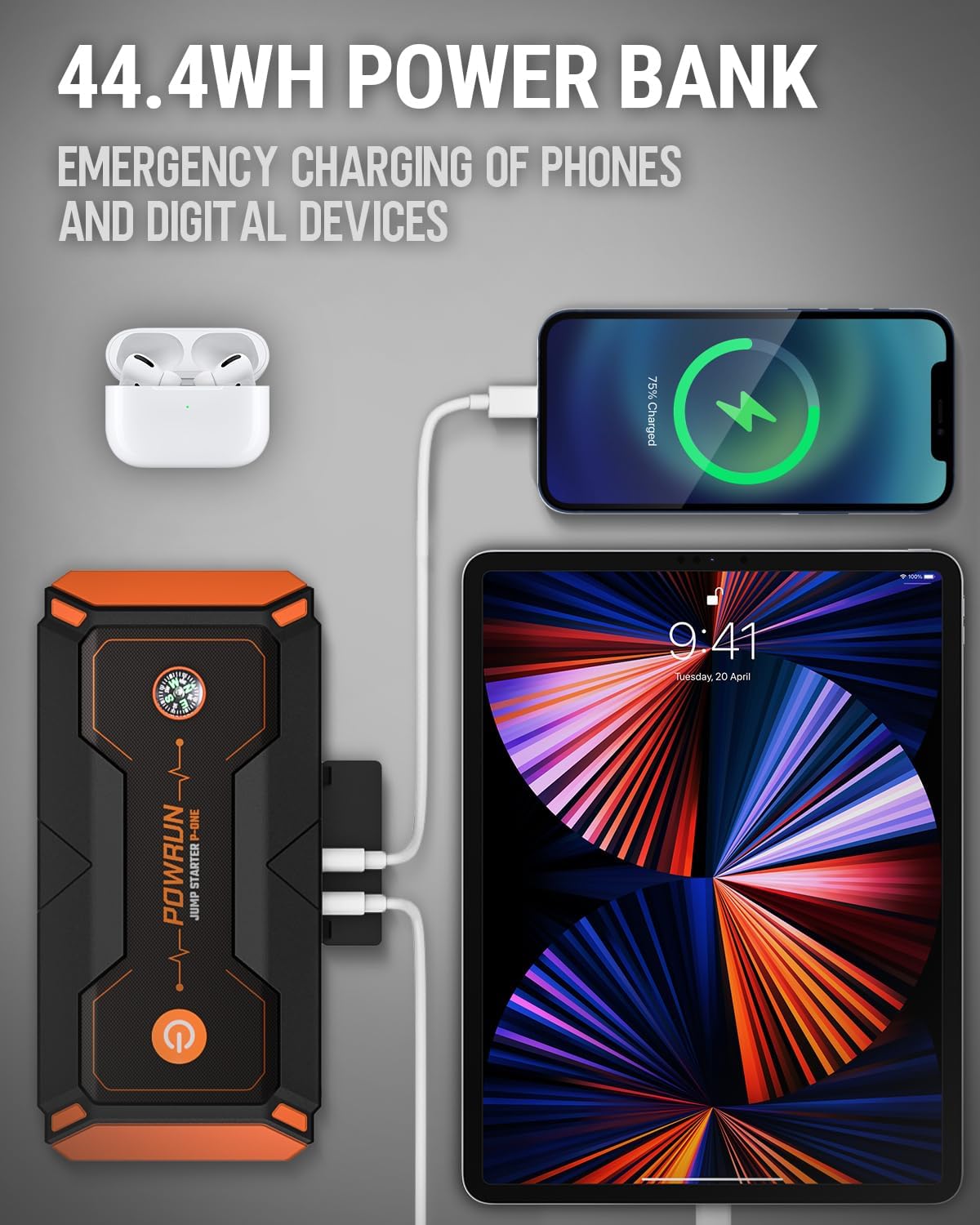 Powrun P-ONE 2000A Jump Starter - Portable Battery Pack for Cars & Diesel Engines (12V) - Image 3