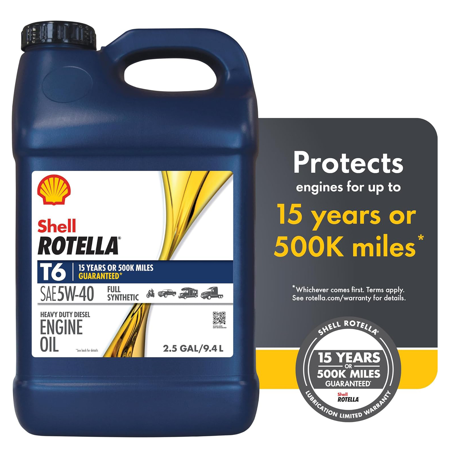 Shell Rotella T6 Full Synthetic 5W-40 Diesel Engine Oil - 2.5 Gallon, Premium Performance