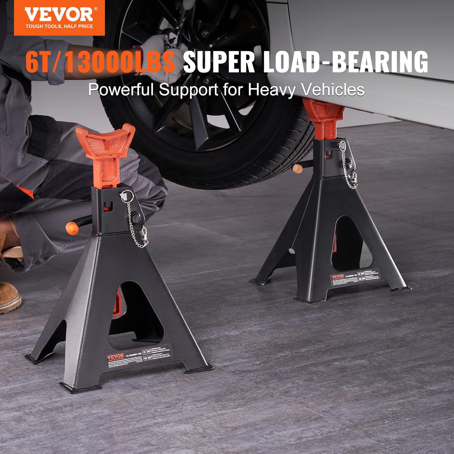 VEVOR 6-Ton Jack Stands, Heavy-Duty Double Locking, Adjustable 14.2"-23", Red - Image 6