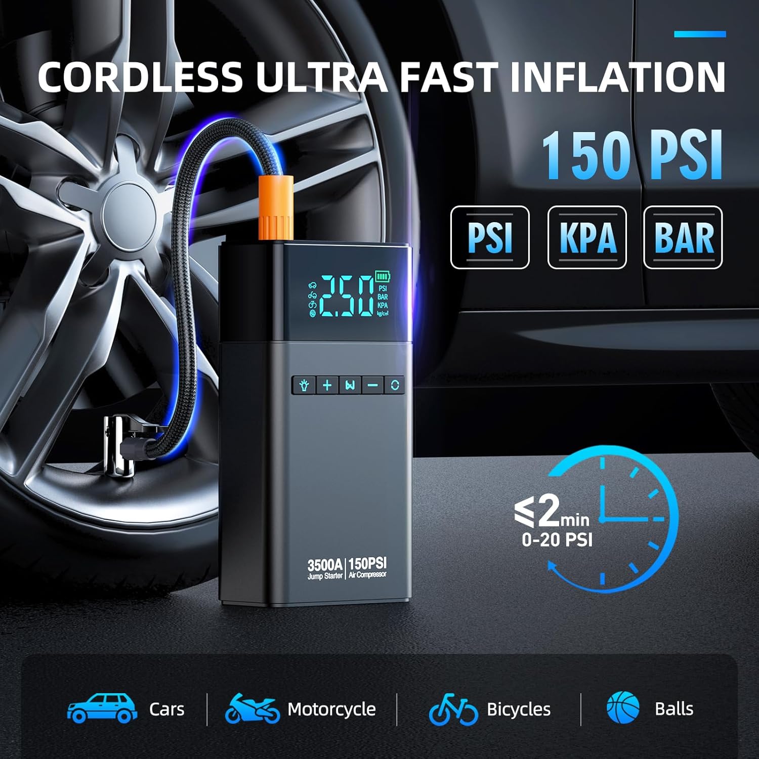 3500A Car Battery Jump Starter & Air Compressor – 150PSI, LCD & LED - Image 6