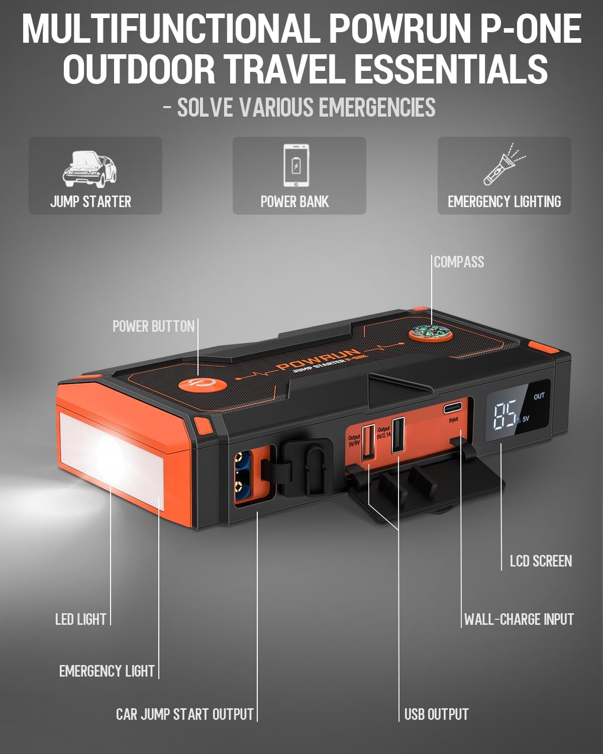 Powrun P-ONE 2000A Jump Starter - Portable Battery Pack for Cars & Diesel Engines (12V) - Image 5