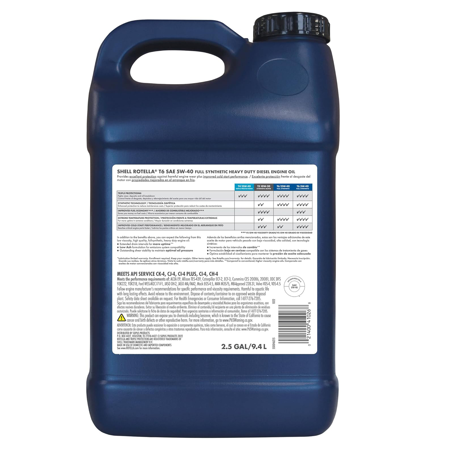 Shell Rotella T6 Full Synthetic 5W-40 Diesel Engine Oil - 2.5 Gallon, Premium Performance - Image 5