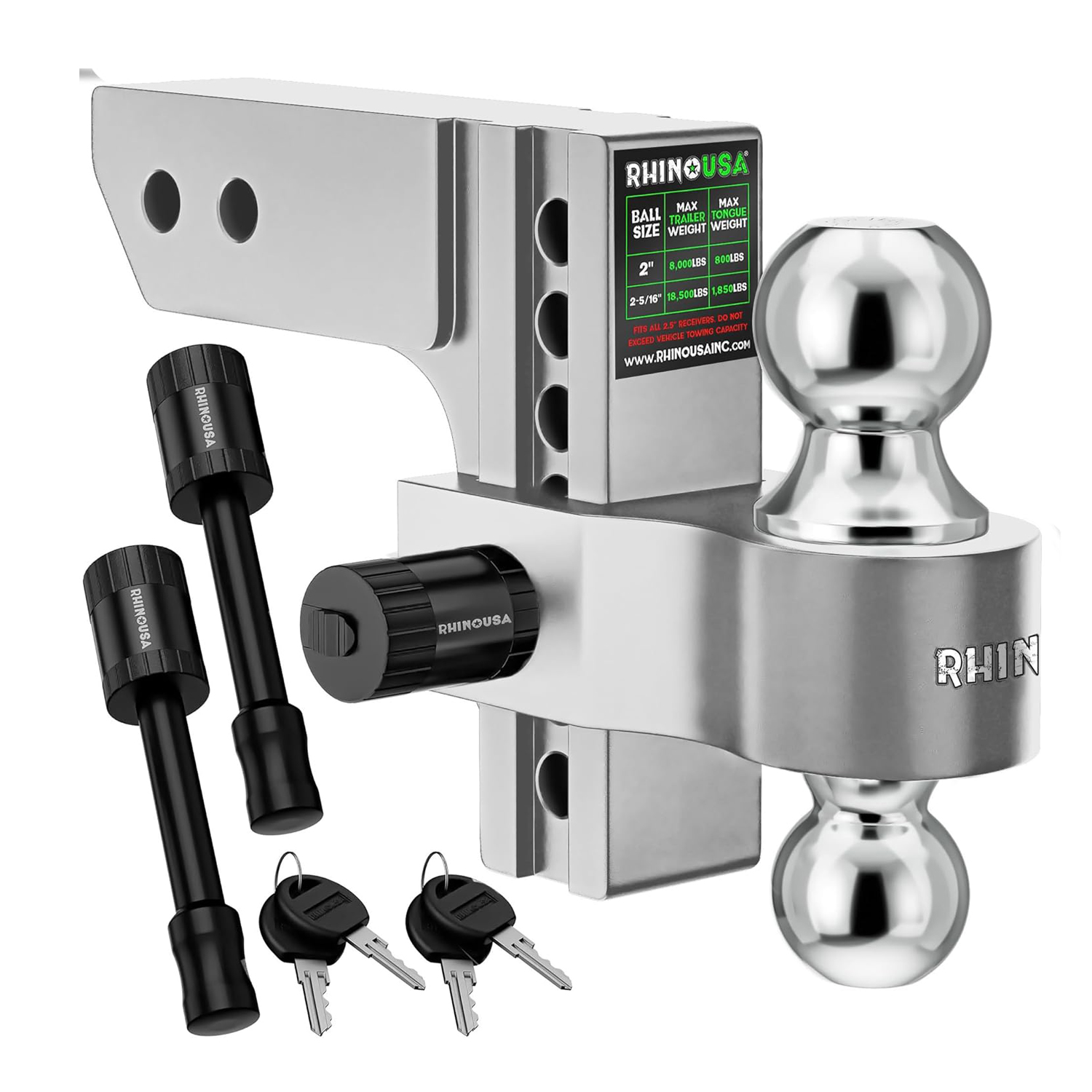 Rhino USA Adjustable Trailer Hitch for 2-Inch Receiver, 12,500 LBS, Weatherproof, Anti-Theft Lock