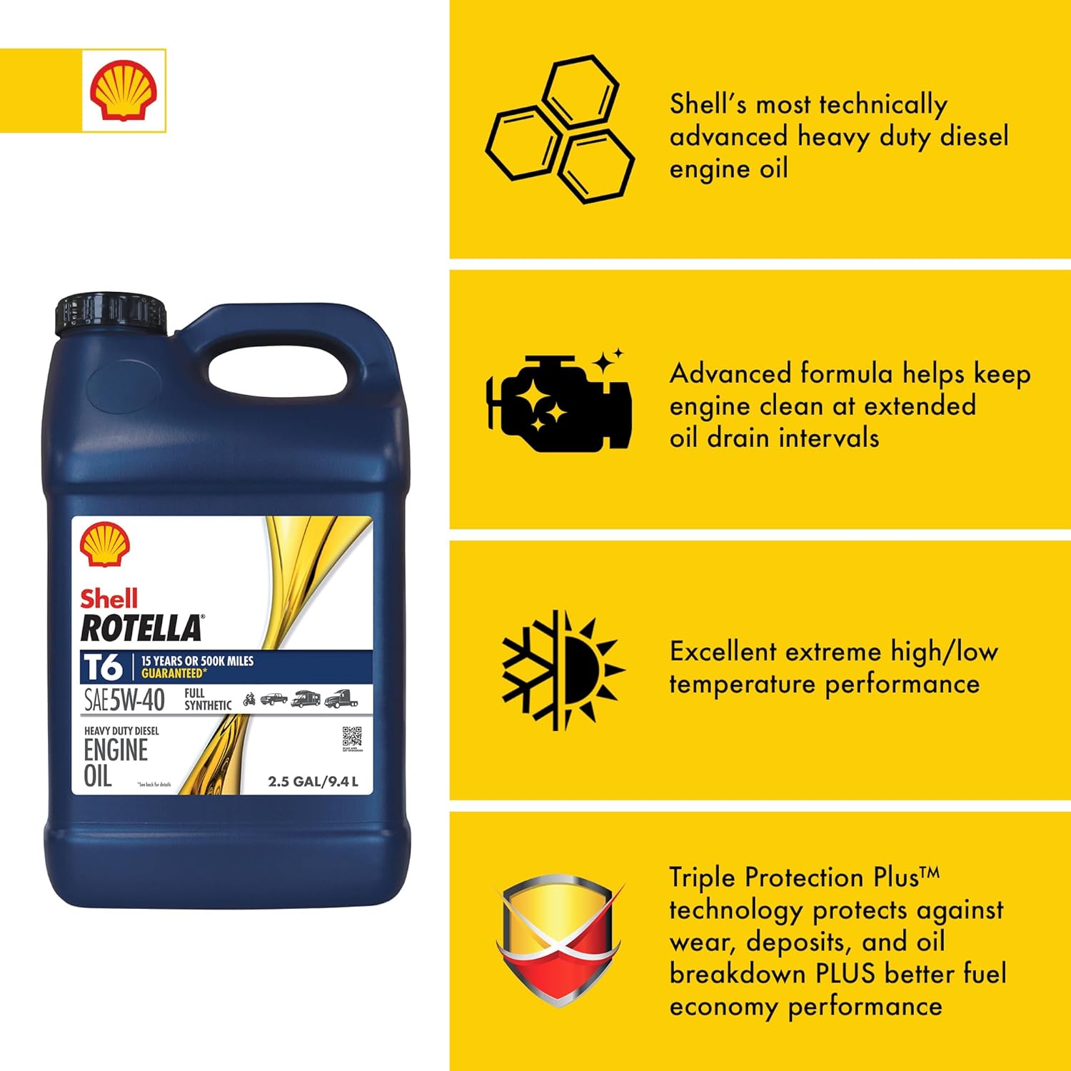 Shell Rotella T6 Full Synthetic 5W-40 Diesel Engine Oil - 2.5 Gallon, Premium Performance - Image 7