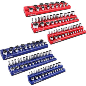 WORKPRO Magnetic Socket Organizer – 6-Piece SAE & Metric Holder (143 Pc)